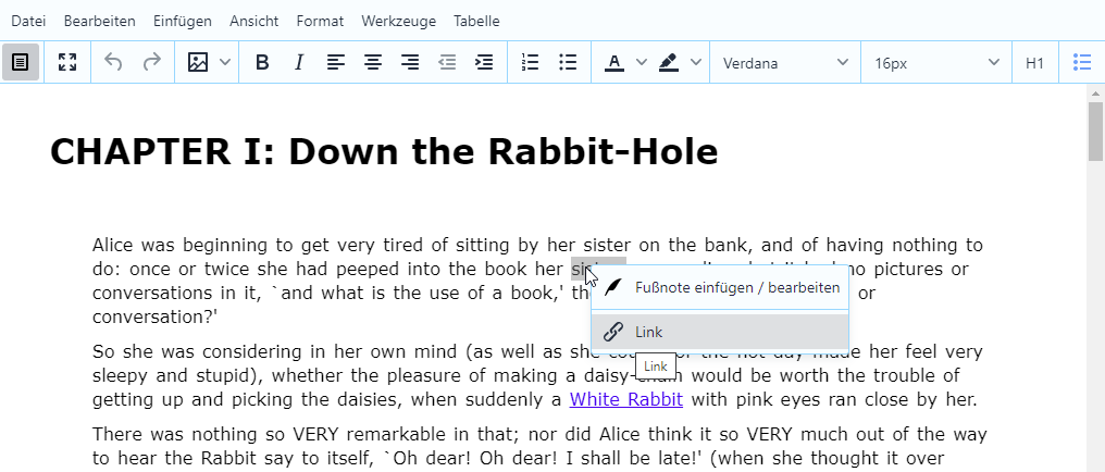 Link setzen im Tab 'Text bearbeiten' im Showcase 'Alice-im-Wunderland'