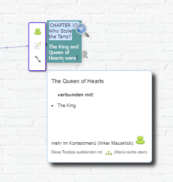 Tooltip und Textelement-Menü für Textelement im Tab 'Übersicht' im Showcase 'Alice-in-Wonderland'